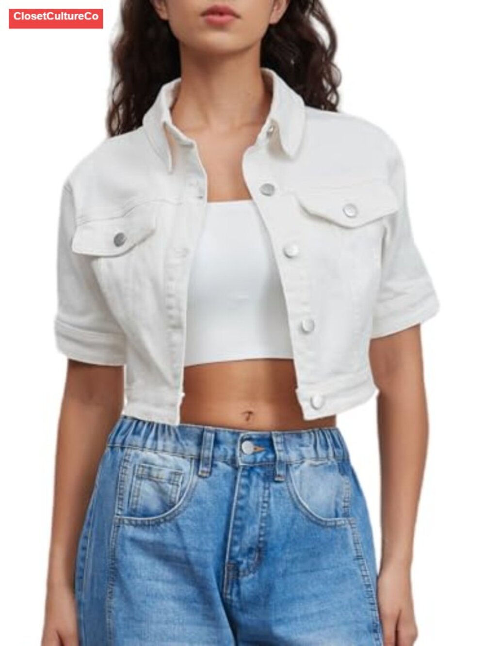 Cropped Denim Jacket Short Sleeve Button Down Trucker Slim Fit Womens